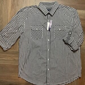 Bruno Shirt Mens Extra Large Black White Gingham Pearl Snap Pockets Roll‎ Tab